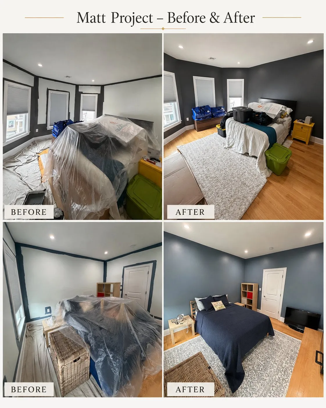Four photographs of a Dorchester bedroom, two before with furniture sheeted up and two after with deep charcoal walls and white trim