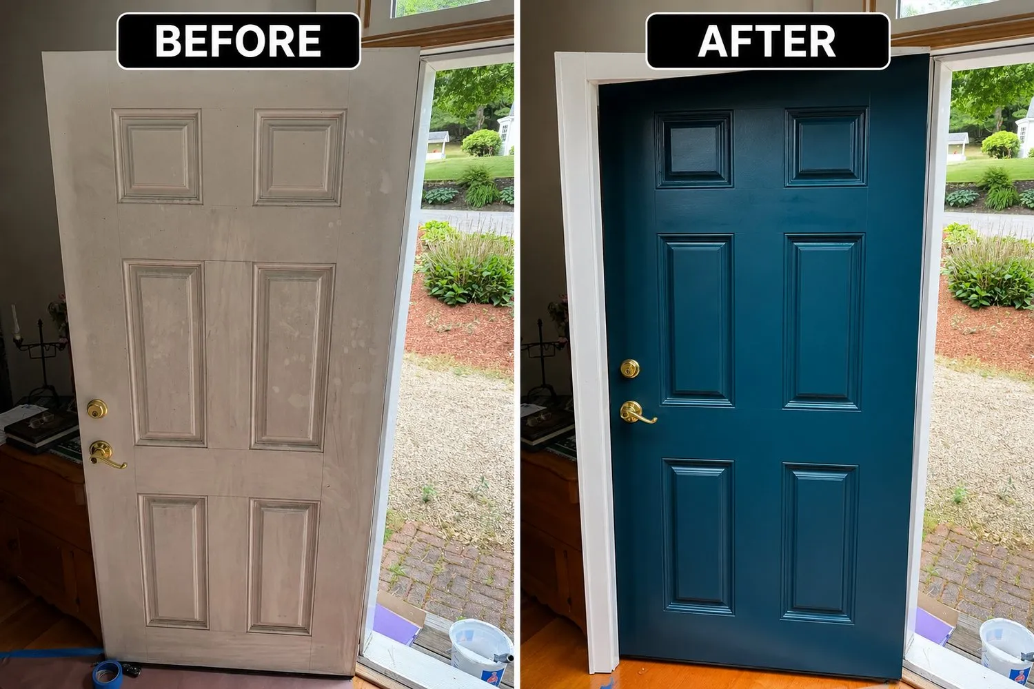 A paneled front door before and after painting, plain white on the left and deep teal with a polished handle on the right