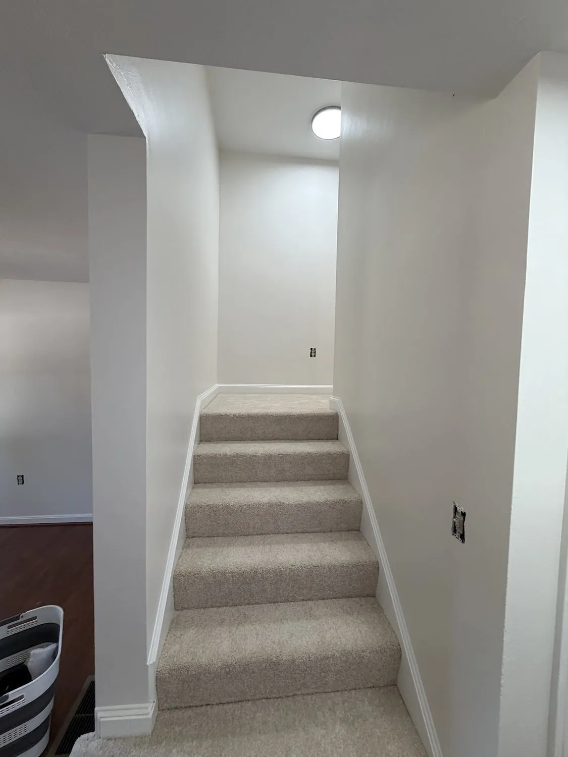 A freshly painted white stairway and landing with a carpeted staircase